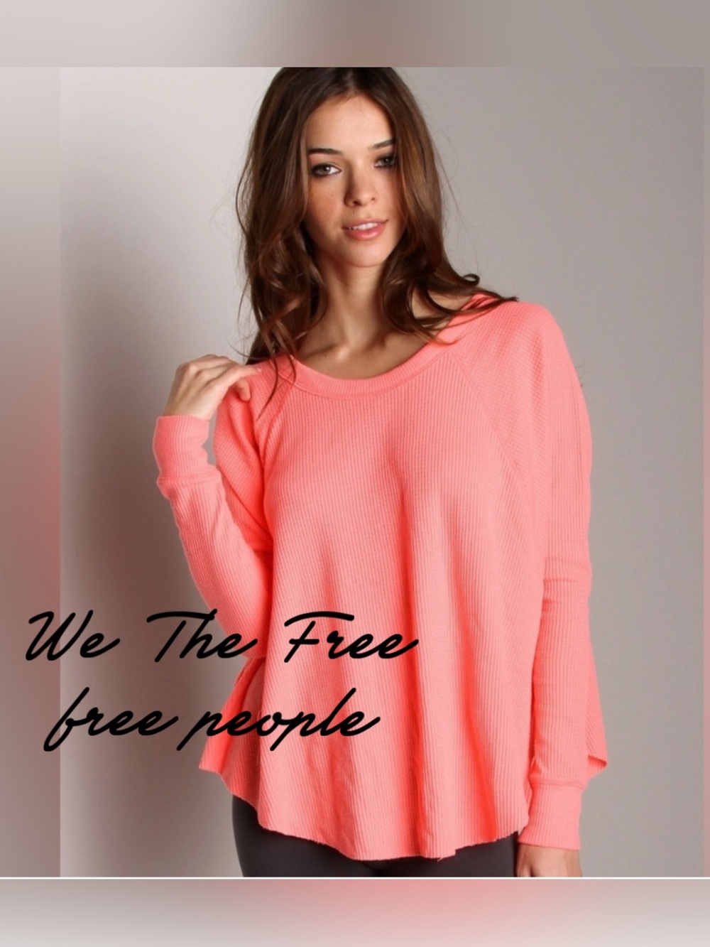 We The Free Neon Peach/Pink Waffle Knit Slouch Top